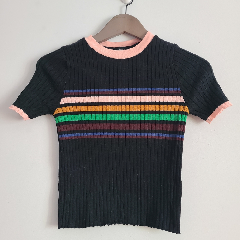 Forever 21 Black Ribbed Blouse with Colorful Stripes Size S